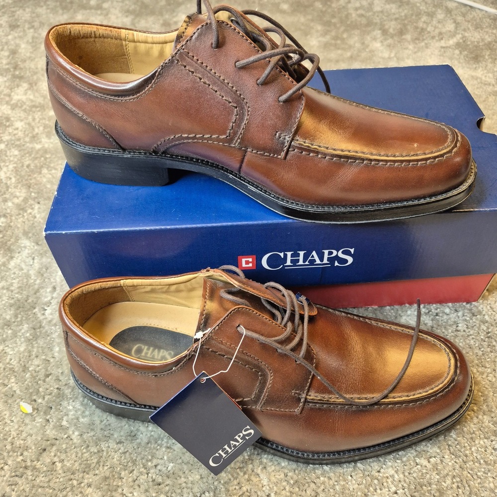 NEW Chaps‎ Brown Leather Moc Toe Oxford Dress Shoes Mens 10 Gel Heel Pad